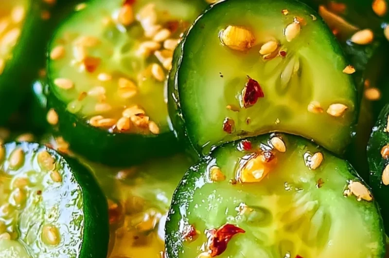 Bowl of refreshing Easy Asian Cucumber Salad with sesame dressing and herbs