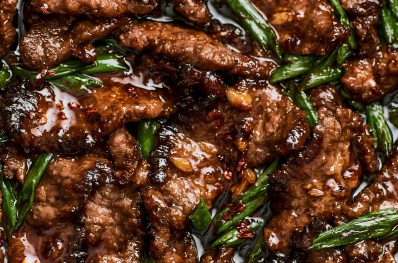 Delicious easy Mongolian beef stir-fry dish served on a plate