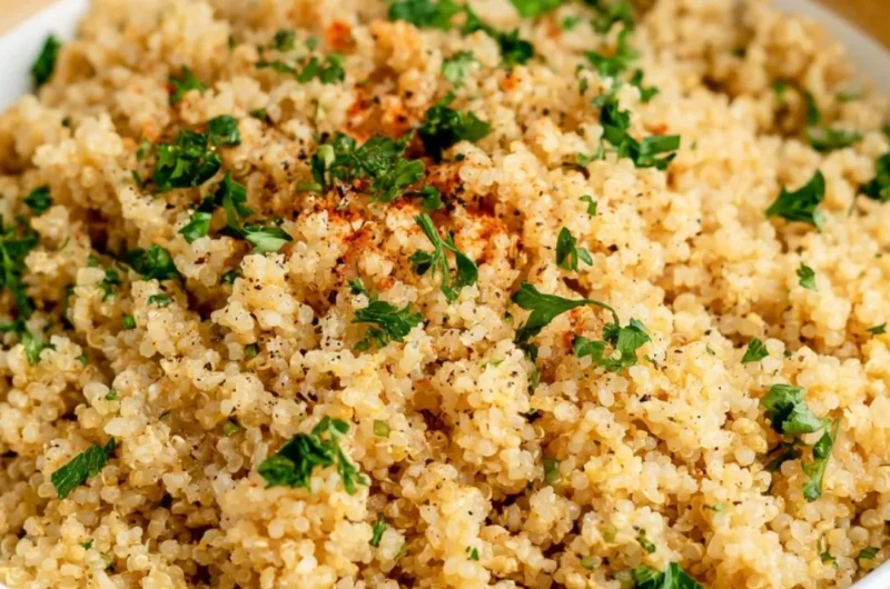 Delicious garlic butter quinoa served in a bowl with fresh herbs