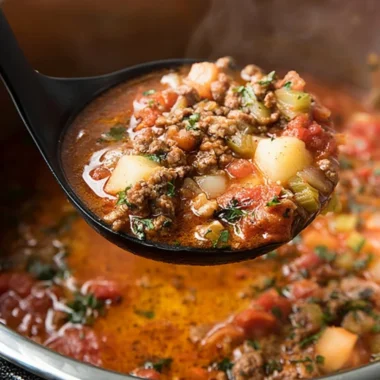 Bowl of hearty Instant Pot hamburger soup with vegetables and herbs