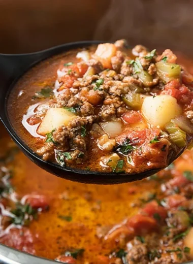 Bowl of hearty Instant Pot hamburger soup with vegetables and herbs