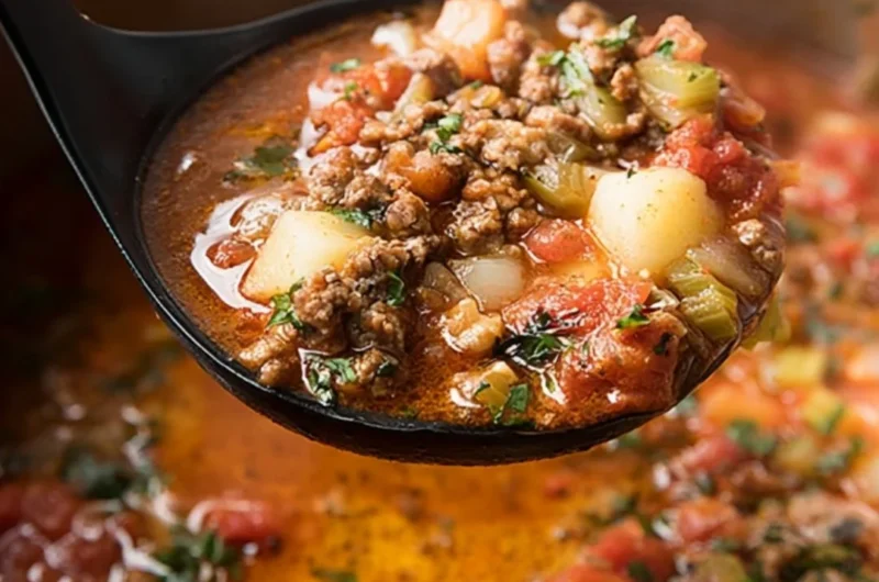 Bowl of hearty Instant Pot hamburger soup with vegetables and herbs
