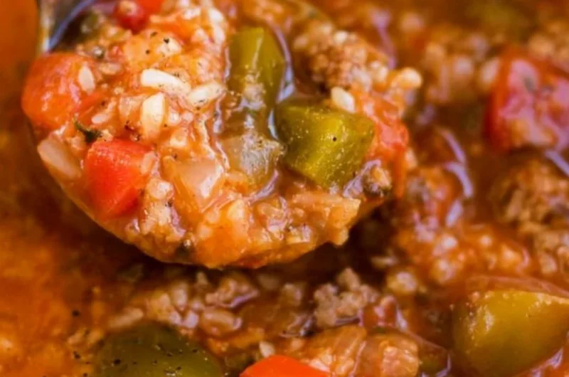 Bowl of Instant Pot stuffed pepper soup with peppers and herbs
