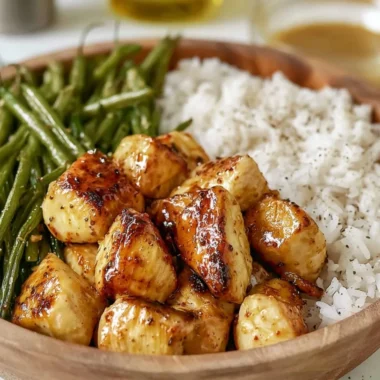 Delicious honey mustard chicken bowl topped with fresh vegetables and a tangy sauce.