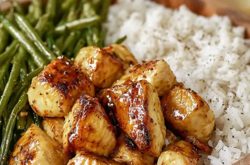 Delicious honey mustard chicken bowl topped with fresh vegetables and a tangy sauce.