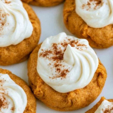 Delicious pumpkin cookies with cream cheese frosting on a plate