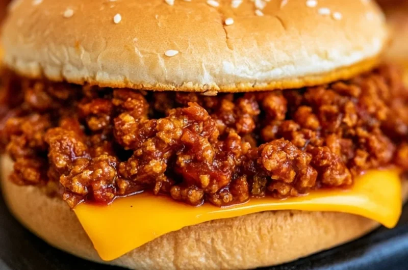 Delicious slow cooker sloppy joes served on a bun with toppings.