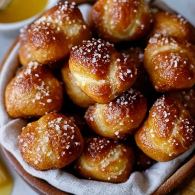 Plate of yeast-free sourdough discard pretzel bites, golden and soft.