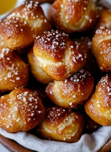 Plate of yeast-free sourdough discard pretzel bites, golden and soft.
