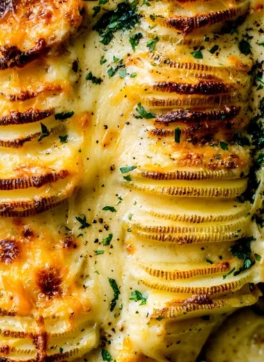 Cheesy scalloped potatoes served in a cozy dish, ideal for comforting meals.