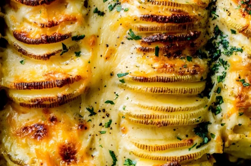 Cheesy scalloped potatoes served in a cozy dish, ideal for comforting meals.