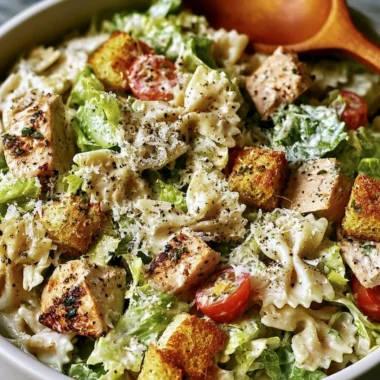 Cozy Chicken Caesar Pasta Salad with chicken, romaine, and creamy dressing.