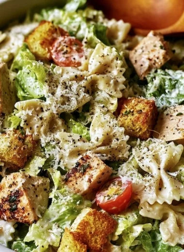 Cozy Chicken Caesar Pasta Salad with chicken, romaine, and creamy dressing.