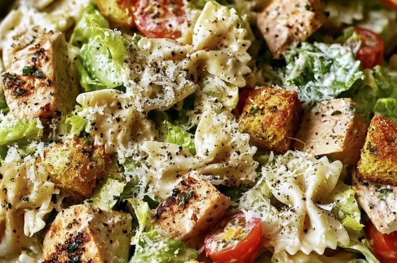 Cozy Chicken Caesar Pasta Salad with chicken, romaine, and creamy dressing.