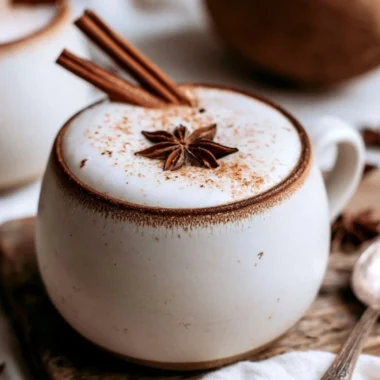 Cozy Coconut Chai recipe with spices and coconut in a steaming cup