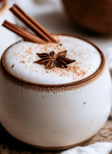 Cozy Coconut Chai recipe with spices and coconut in a steaming cup