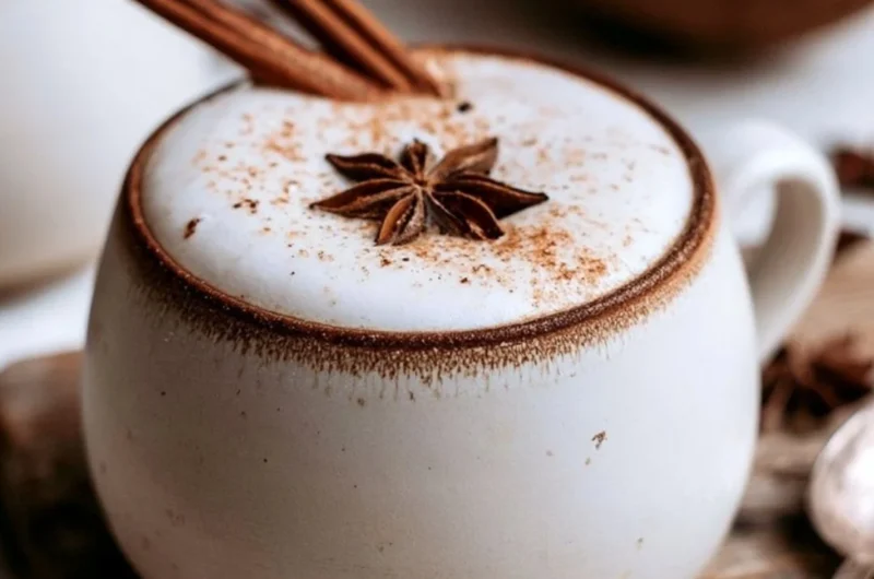 Cozy Coconut Chai recipe with spices and coconut in a steaming cup