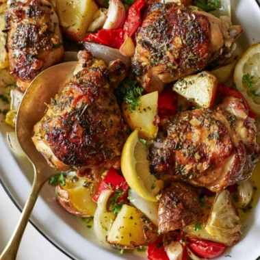 Cozy Greek chicken and potatoes served on a rustic plate