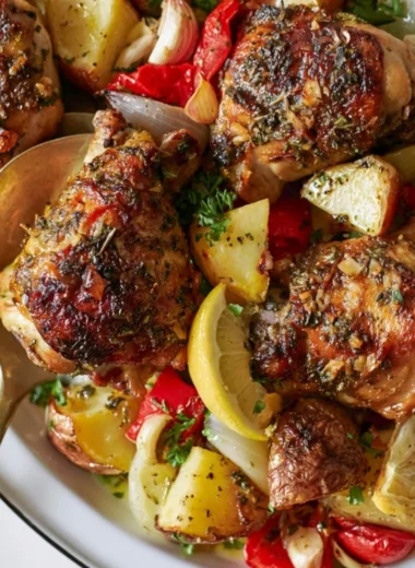 Cozy Greek chicken and potatoes served on a rustic plate