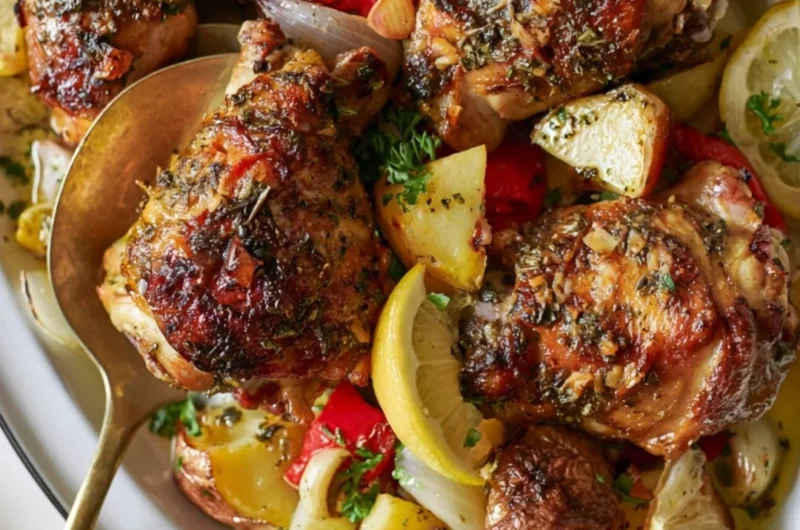 Cozy Greek chicken and potatoes served on a rustic plate