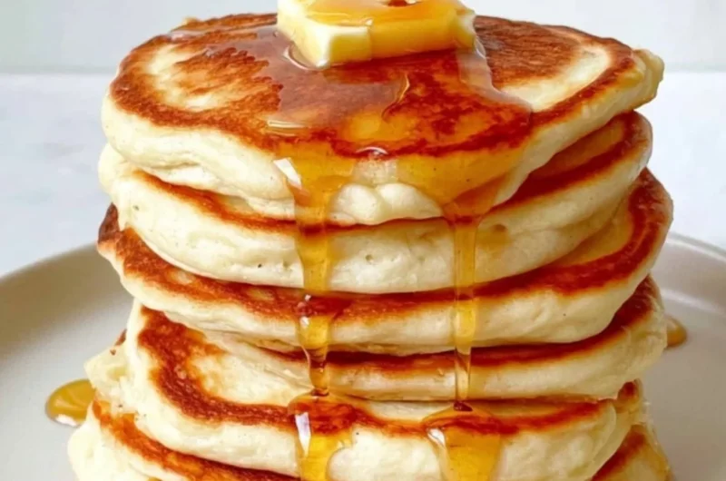 Delicious fluffy Greek Yogurt Pancakes served with fresh fruit