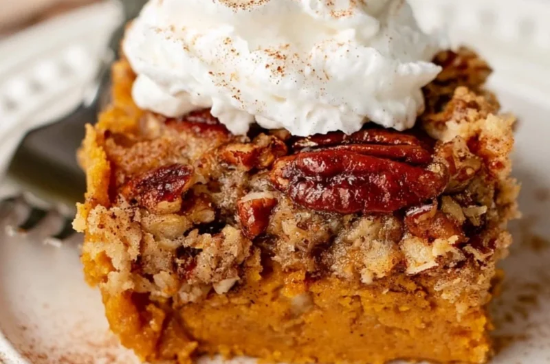 Cozy pumpkin dump cake served in a dish, topped with whipped cream.