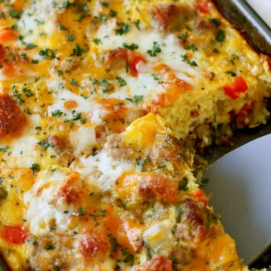 Healthy turkey sausage and eggs breakfast served on a plate
