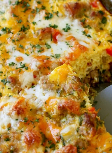 Healthy turkey sausage and eggs breakfast served on a plate