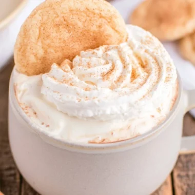 A warm cup of Snickerdoodle Hot Chocolate topped with whipped cream and cinnamon
