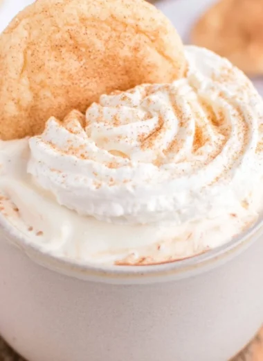 A warm cup of Snickerdoodle Hot Chocolate topped with whipped cream and cinnamon