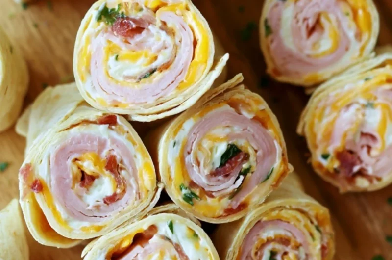 Turkey Bacon Cheese Tortilla Pinwheels rolled with cheese and turkey bacon, perfect for snacks.