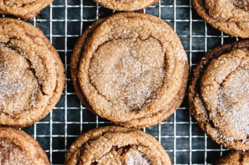 Freshly baked molasses cookies on a cooling rack, golden and chewy
