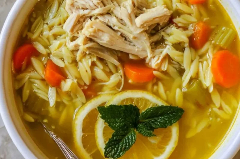 Bowl of Chicken Lemon Orzo Soup garnished with herbs and lemon slices
