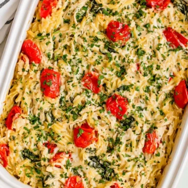 Easy Chicken Orzo Bake with tender chicken and orzo pasta dish