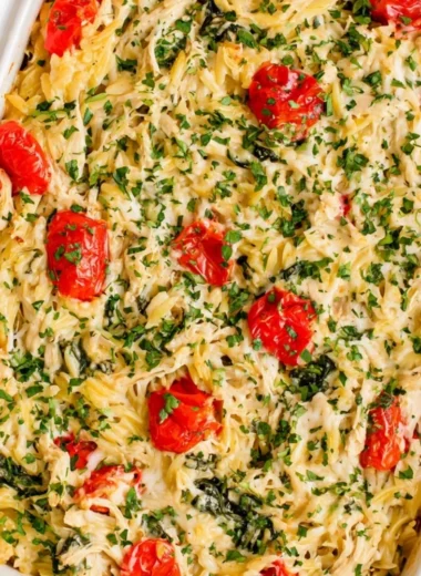 Easy Chicken Orzo Bake with tender chicken and orzo pasta dish