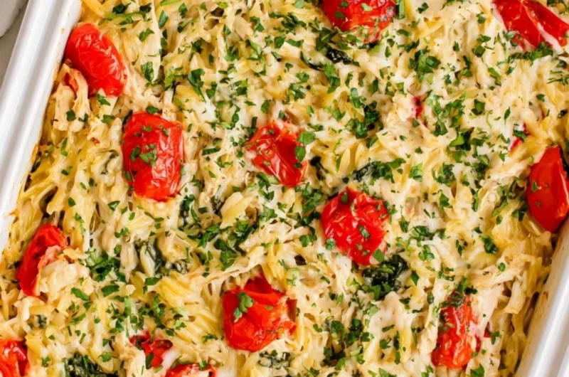 Easy Chicken Orzo Bake with tender chicken and orzo pasta dish