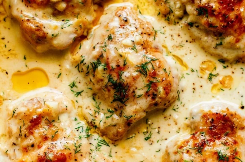 Creamy oven baked chicken thighs served on a plate