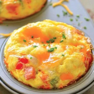 Denver omelet muffins baked in a muffin tin, featuring bell peppers, onions, and cheese.