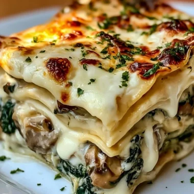 Creamy spinach mushroom lasagna served with a side salad