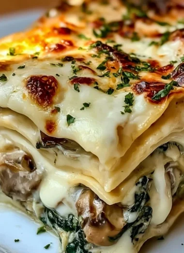 Creamy spinach mushroom lasagna served with a side salad