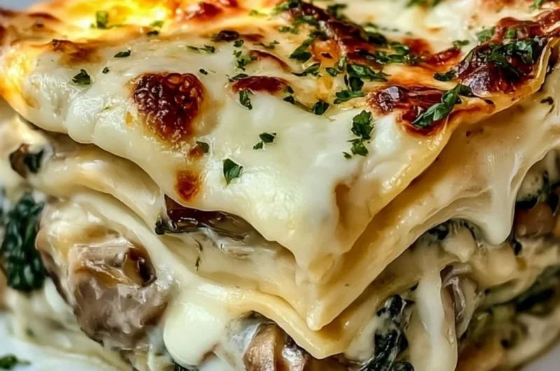 Creamy spinach mushroom lasagna served with a side salad