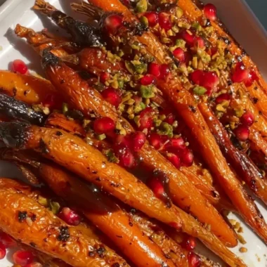 Plate of honey-balsamic roasted carrots garnished with herbs.