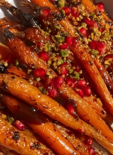 Plate of honey-balsamic roasted carrots garnished with herbs.