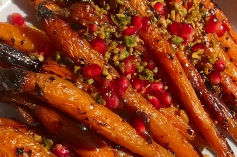 Plate of honey-balsamic roasted carrots garnished with herbs.