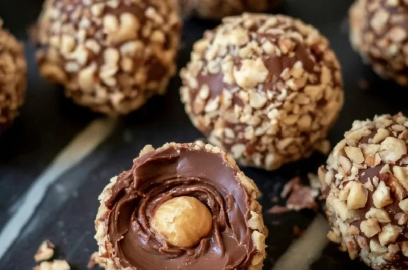 Delicious no bake chocolate hazelnut truffles on a white plate