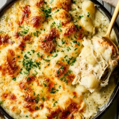 Baked Pesto Chicken Gnocchi topped with cheese in a casserole dish