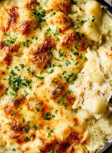 Baked Pesto Chicken Gnocchi topped with cheese in a casserole dish
