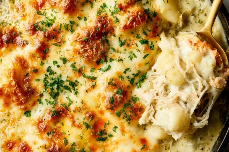 Baked Pesto Chicken Gnocchi topped with cheese in a casserole dish
