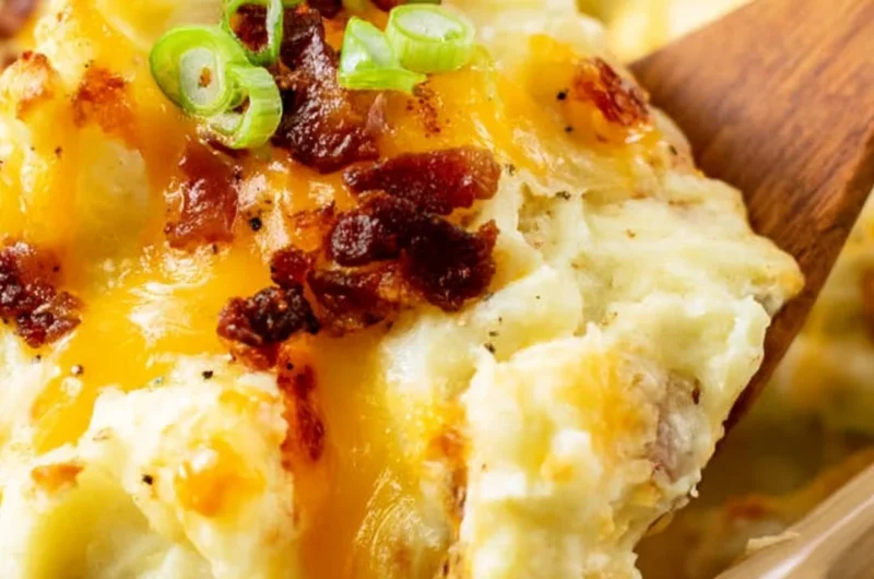 Delicious twice baked potato casserole presented in a baking dish by The Pioneer Woman.